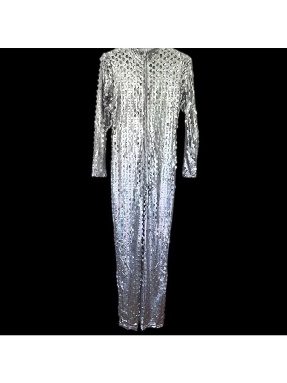 Metallic Silver Hollow Out Jumpsuit Womens Sz S Burning Man Rave Cosplay Costume - Picture 4 of 14